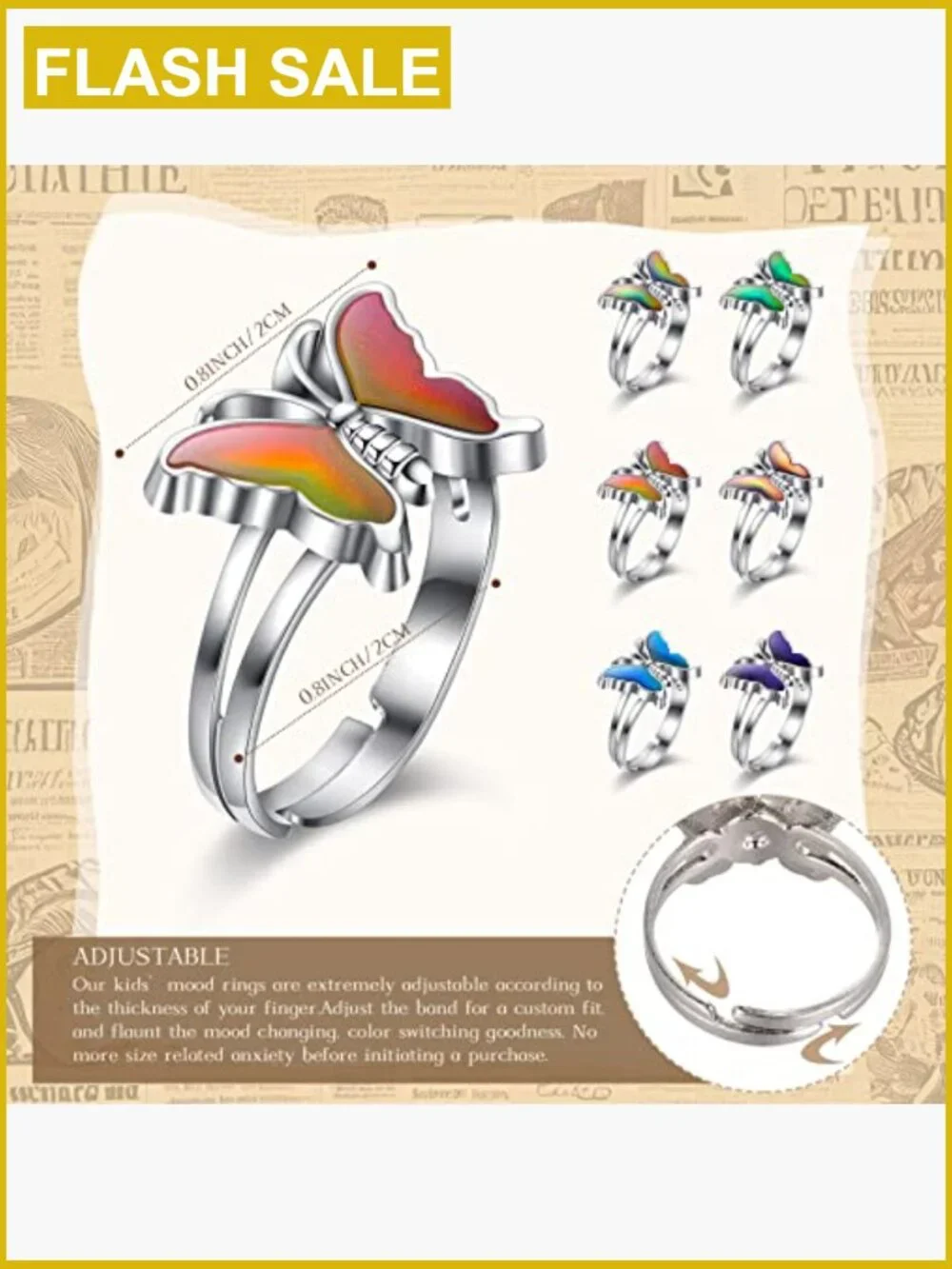 30 Pack Adjustable Mood Rings Butterfly Color Changing Rings for Kids Party